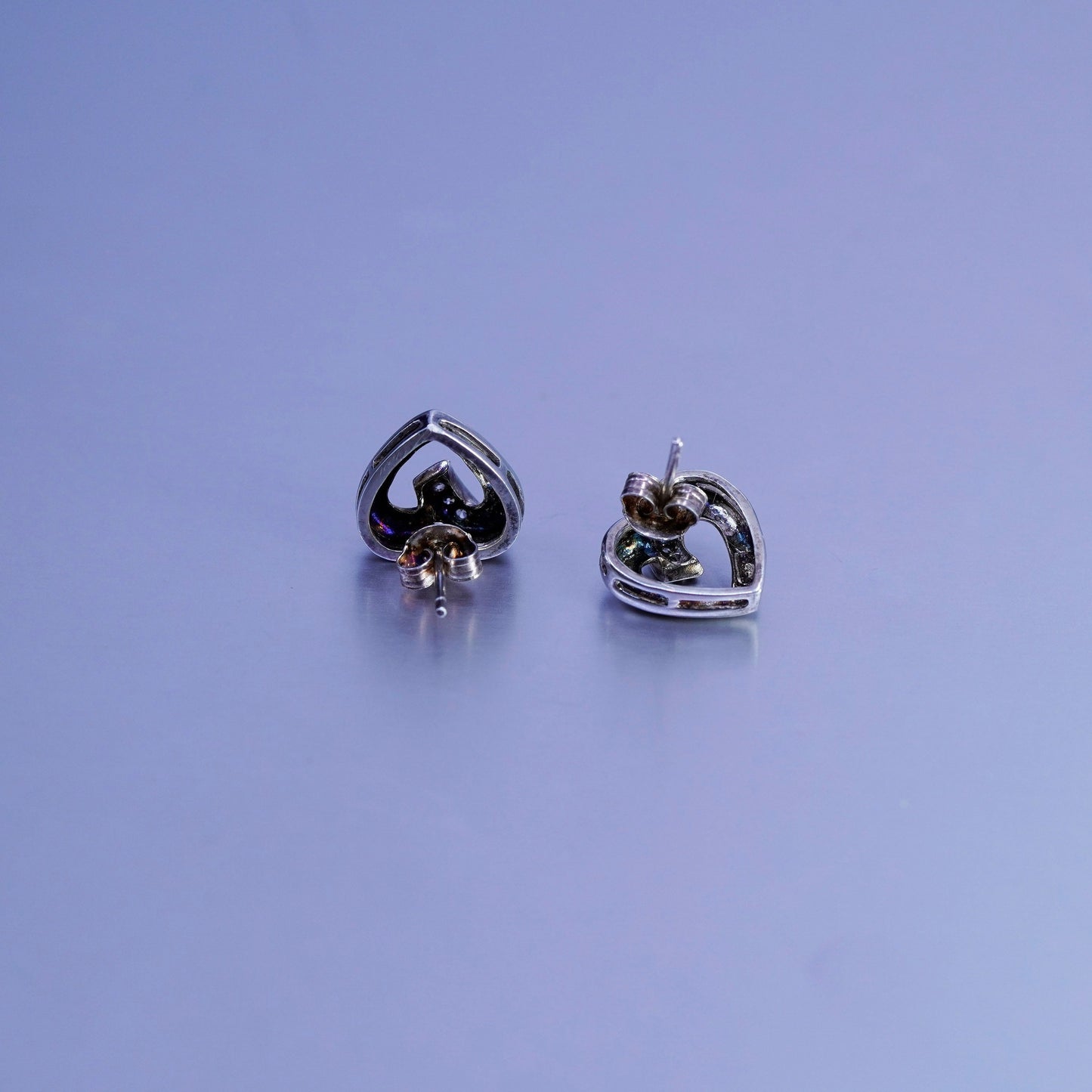 Vintage Sterling 925 silver handmade earrings, heart studs with cz