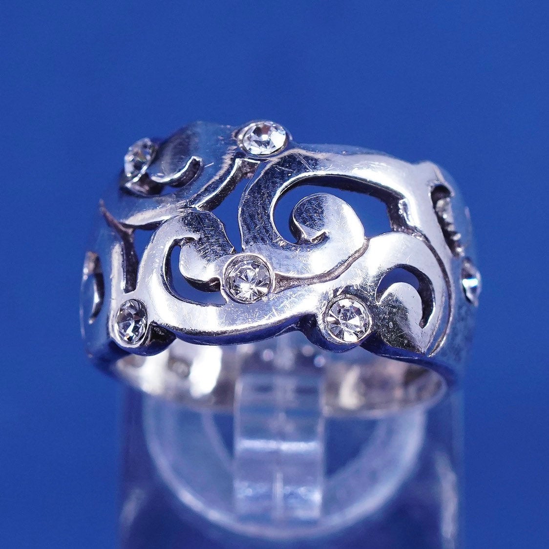sz 7 vtg Sterling silver handmade ring, 925 swirl band w/ cz