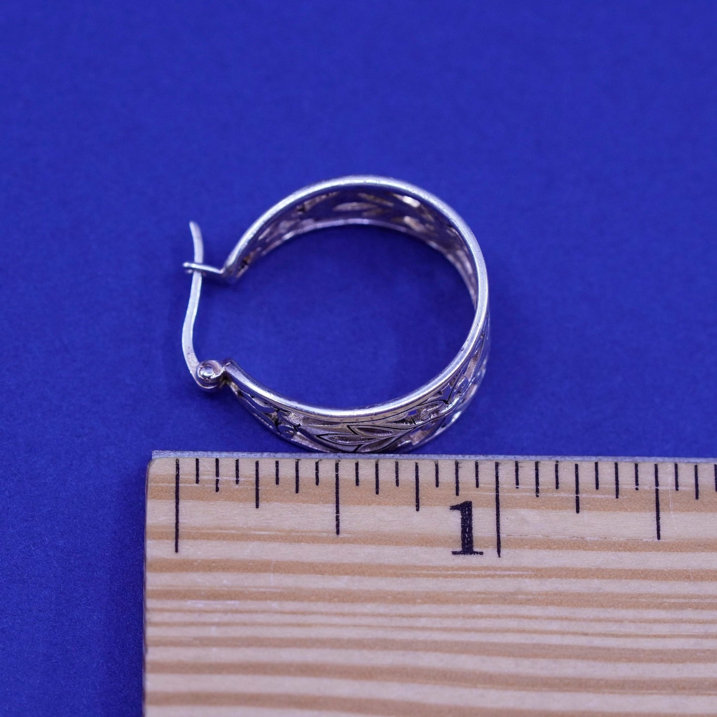 1”, Vintage Sterling silver handmade earrings, 925 filigree floral hoops Huggie
