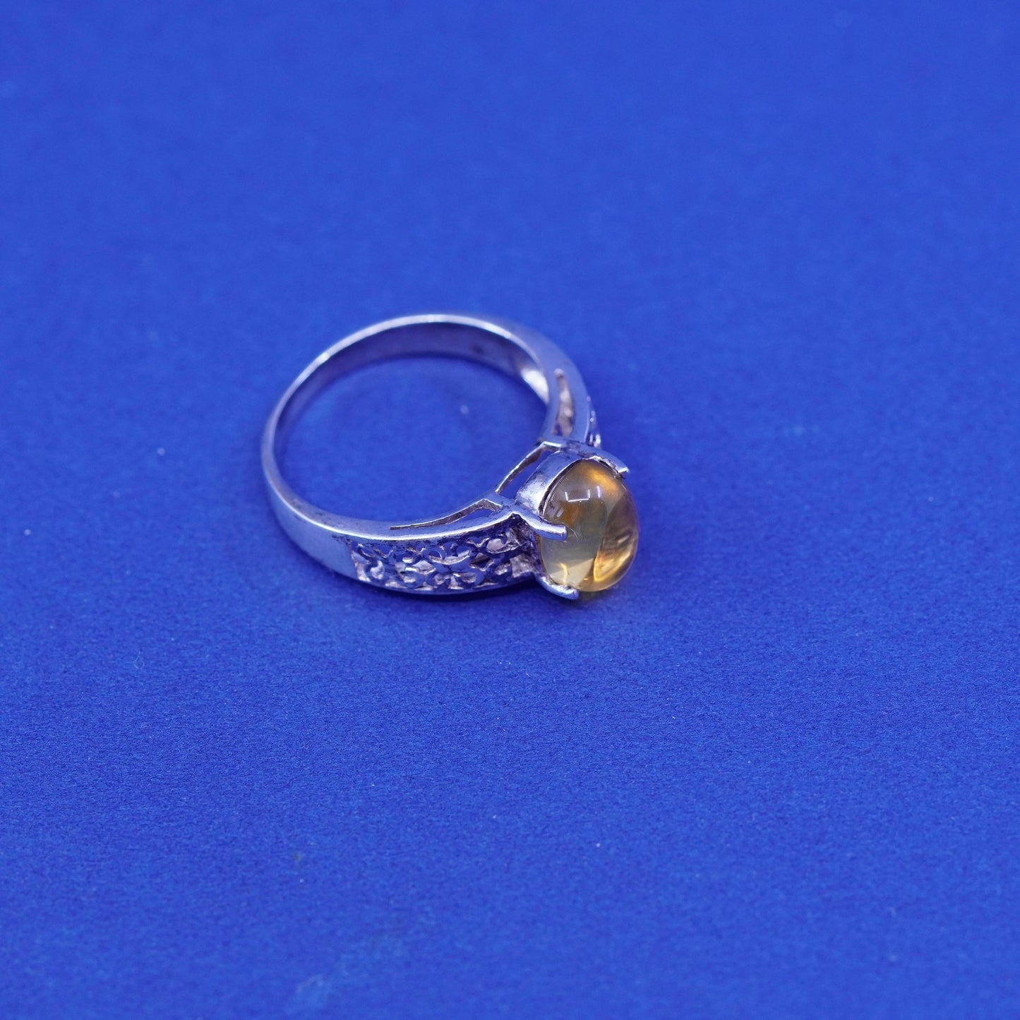 Size 7.25, vintage sterling 925 silver handmade filigree ring w/ yellow citrine