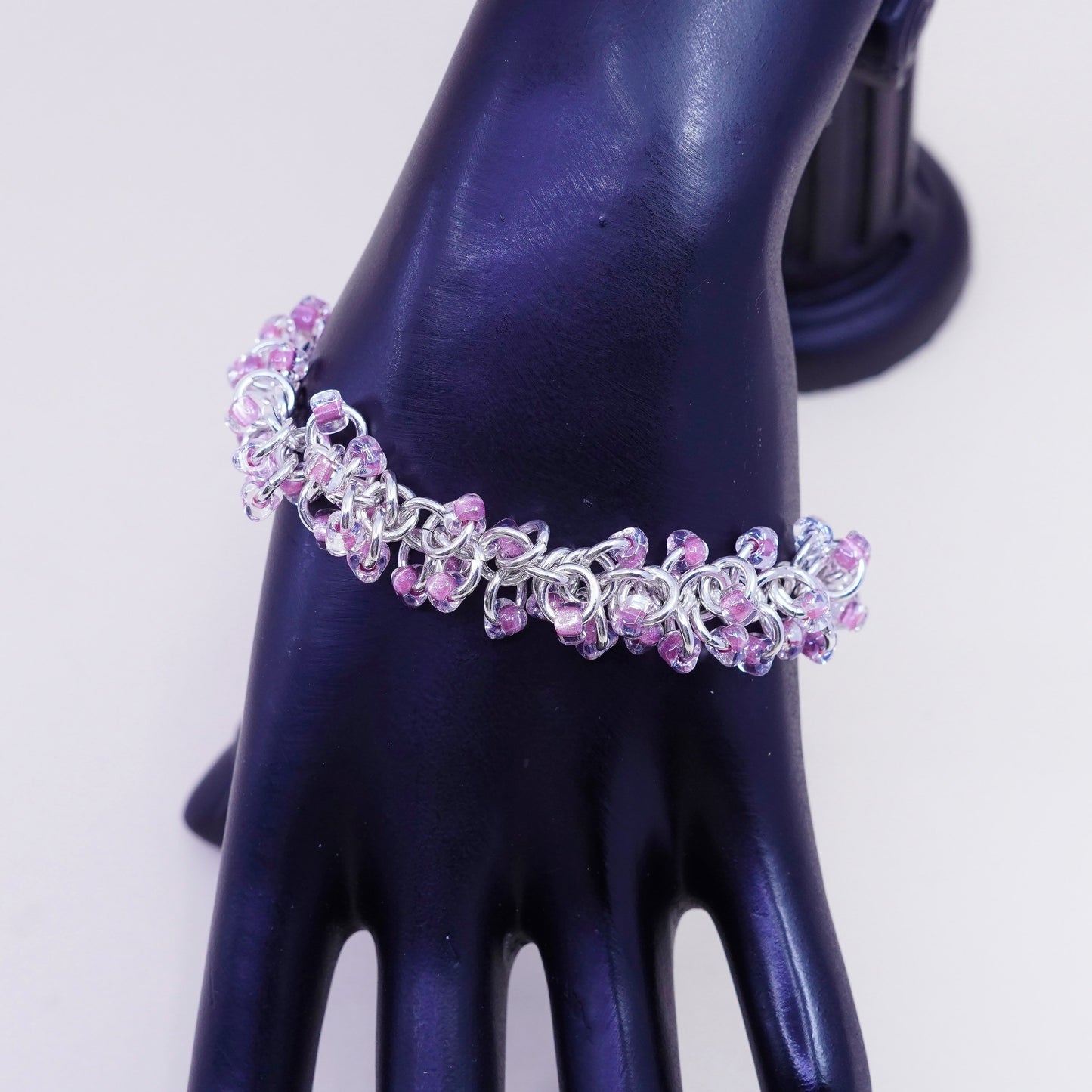 7”, Vintage sterling silver bracelet, 925 circle chain with cluster pink beads