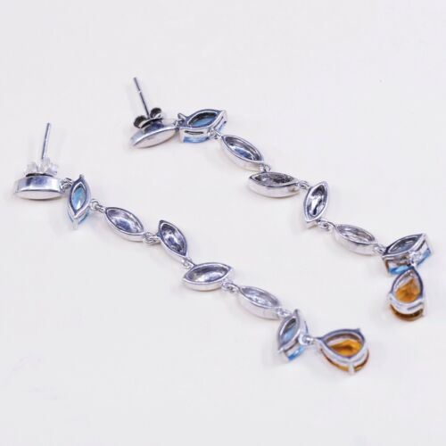 sterling silver handmade earrings, 925 Long Drops w/ teardrop blue topaz Citrine