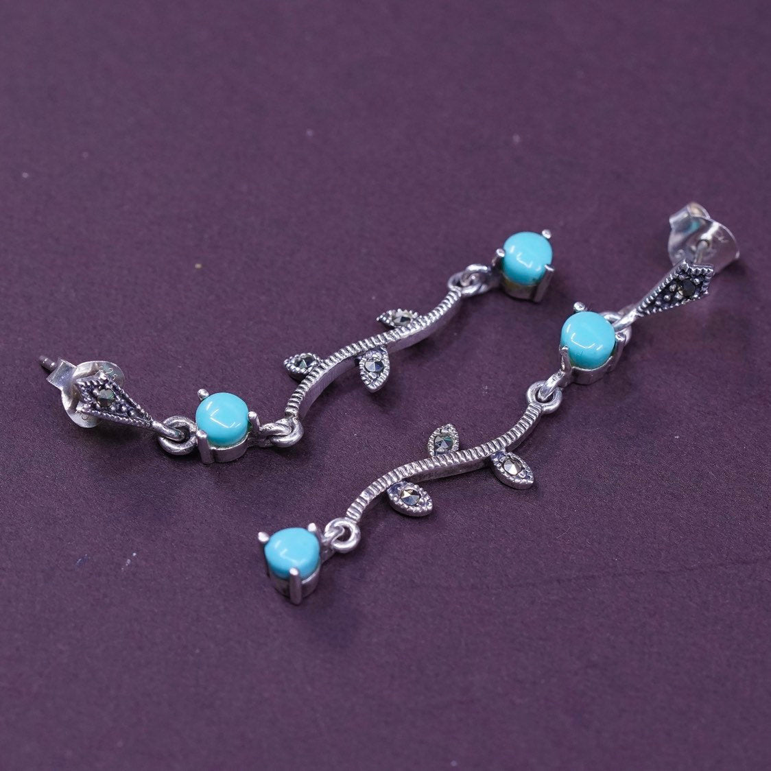 vtg Sterling silver handmade earrings, 925 wavy w/ turquoise, and marcasite