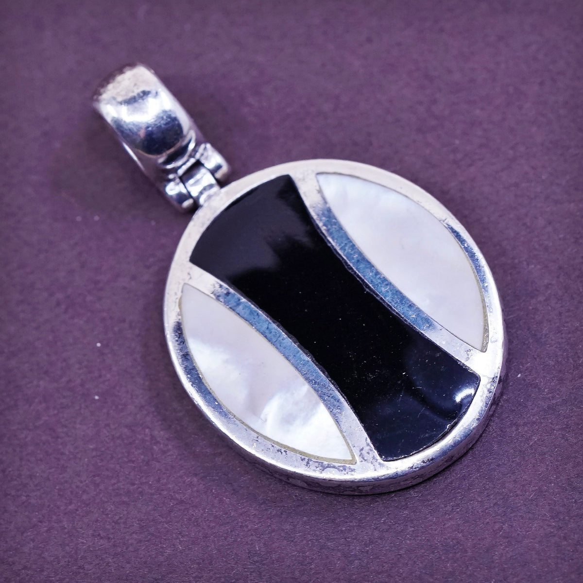 vtg Sterling 925 silver pendant with obsidian and mother of pearl