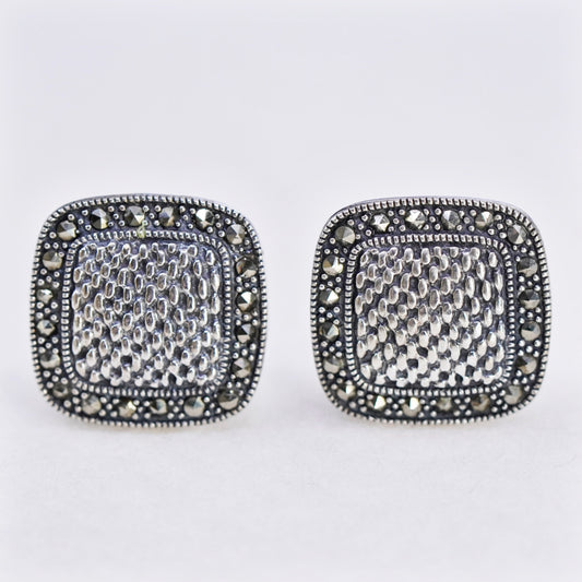 Vintage Sterling 925 silver handmade earrings, square studs with Marcasite