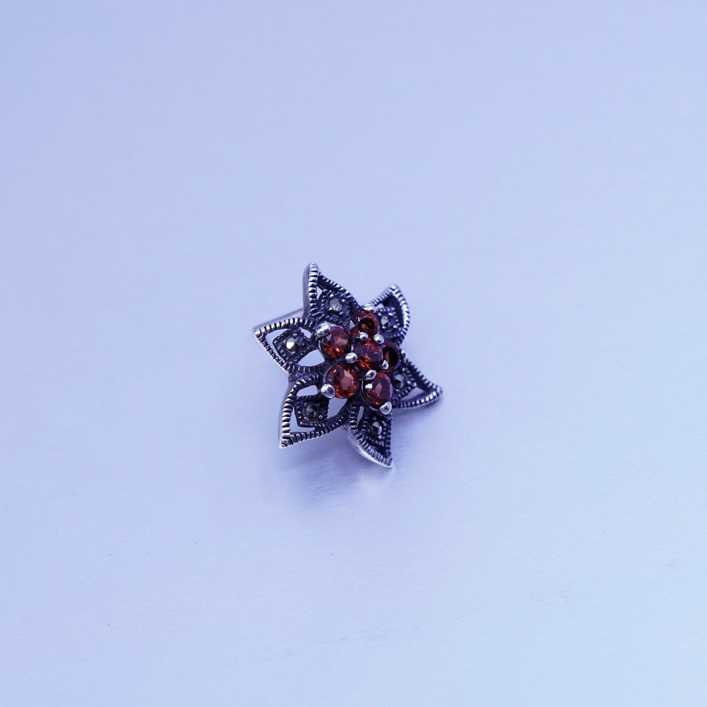 vtg Sterling 925 silver handmade earrings, flower studs with ruby and Marcasite