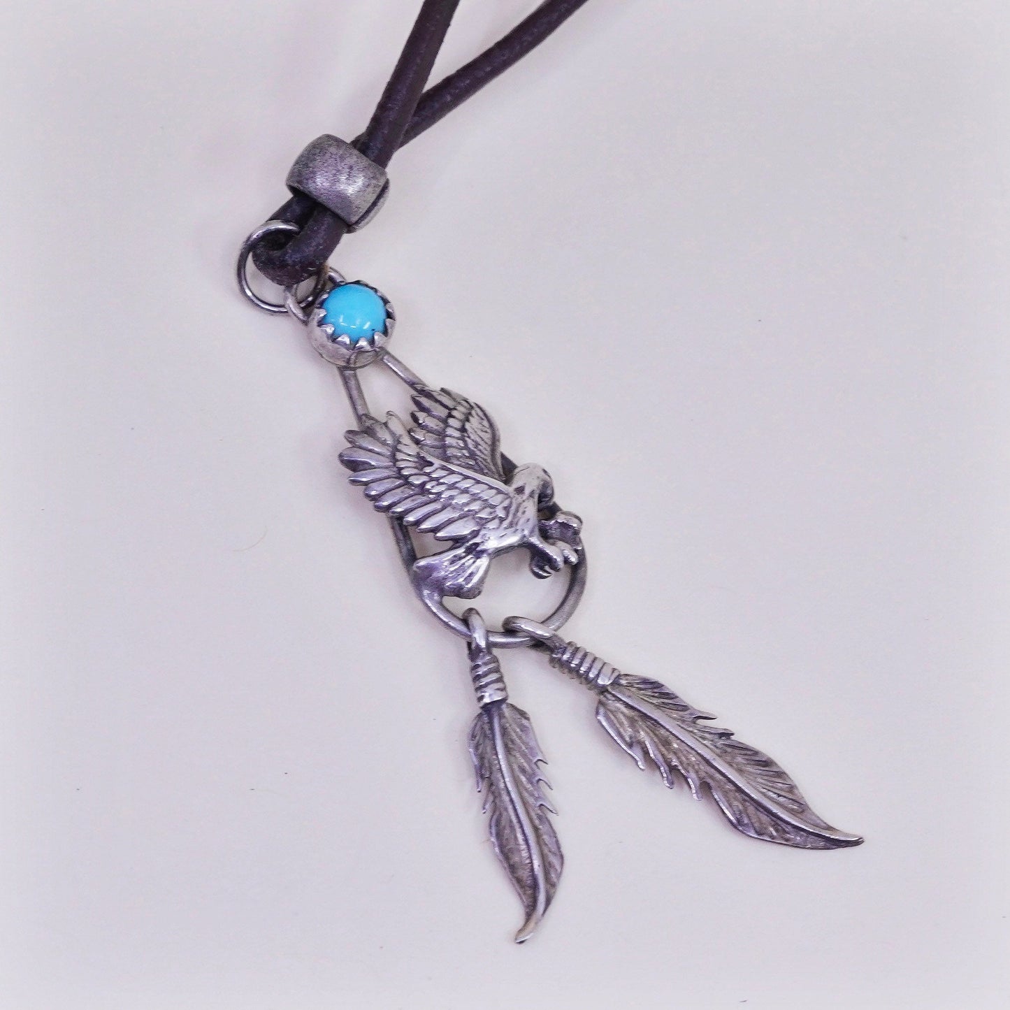 14”, Native American sterling silver necklace, 925 eagle pendant leather chain