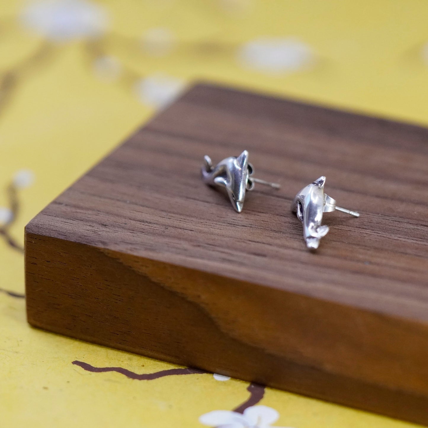 Vintage Sterling silver handmade earrings, 925 dolphin studs