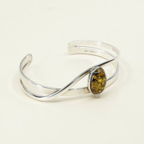 7”, Vtg Sterling Silver Handmade wide Cuff, USA 925 Silver Bracelet W/ Amber