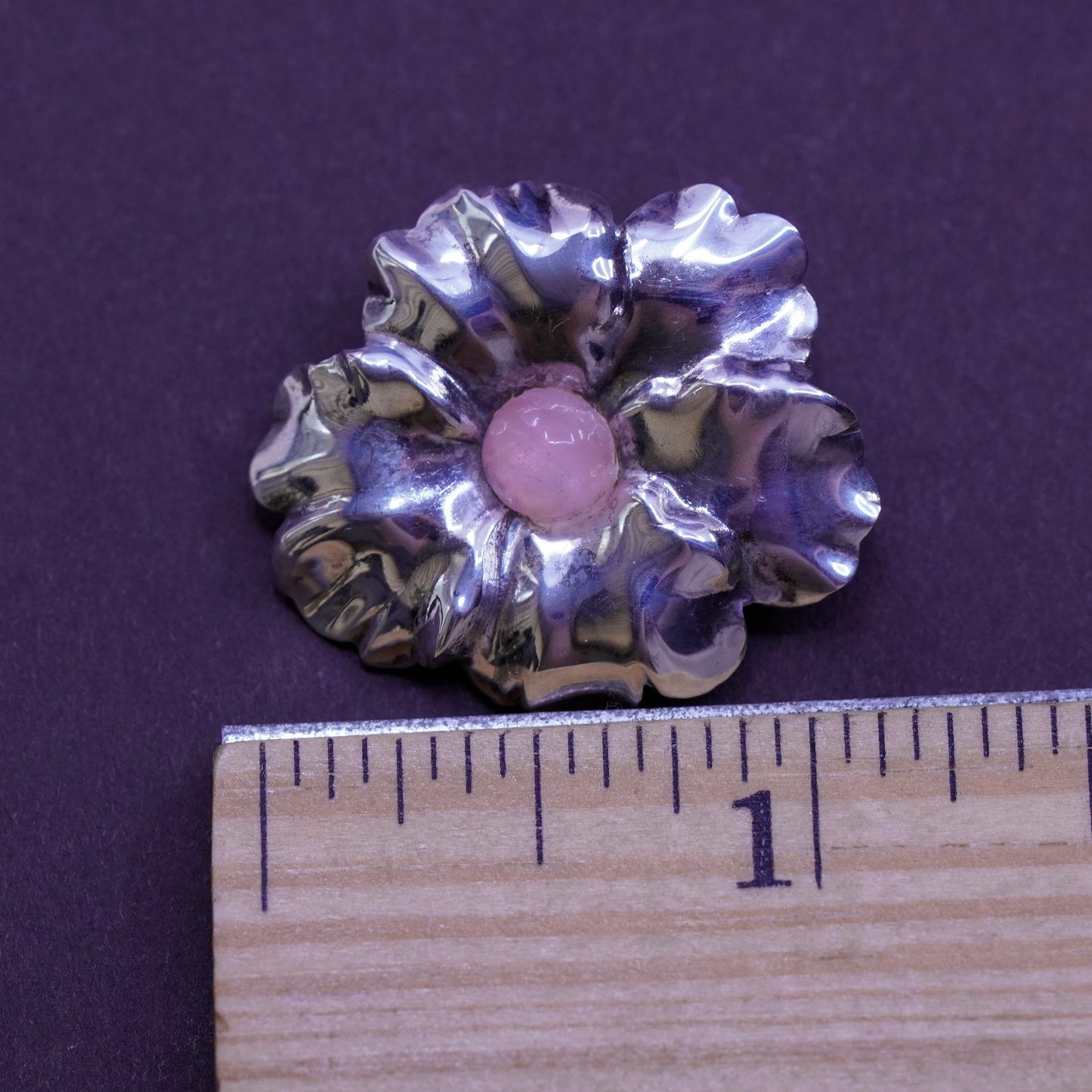 Vintage Sterling silver handmade earrings, 925 flower studs with pink quartz