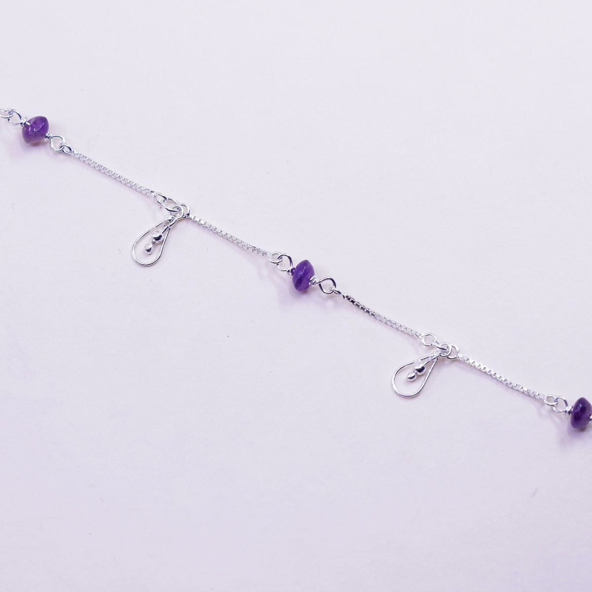 9.5”, Vintage sterling silver bracelet, Italy 925 box anklet amethyst beads