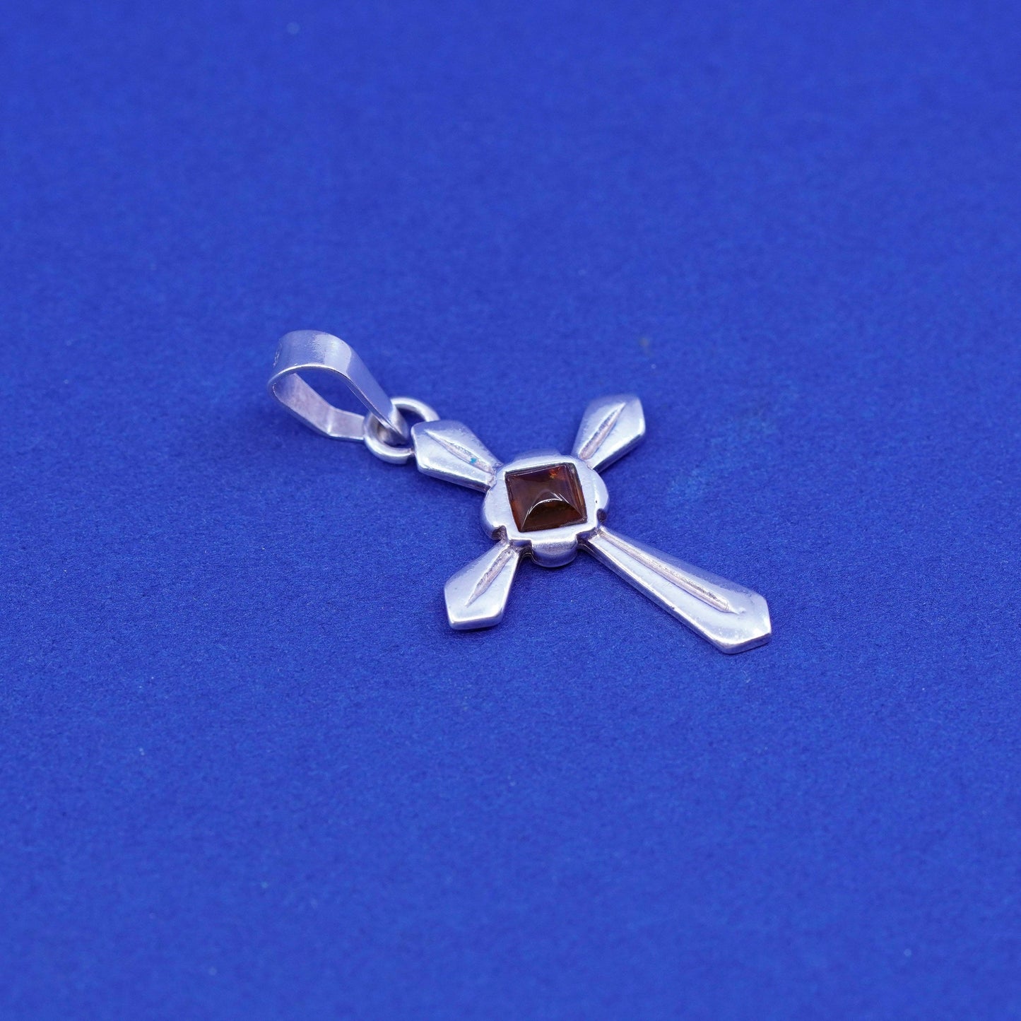 Vintage Sterling 925 silver handmade cross pendant with amber