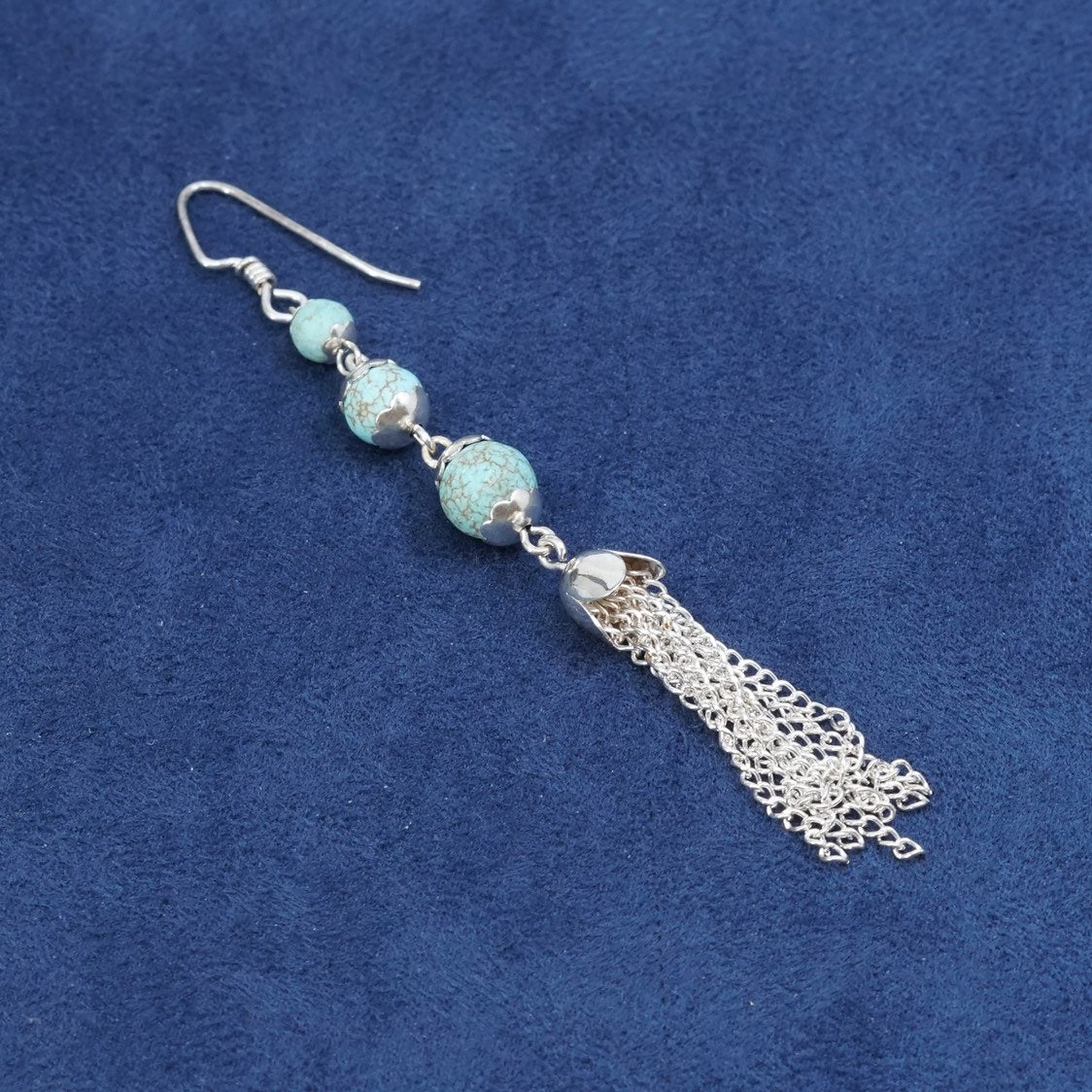 3” long, vtg sterling silver handmade earrings, 925 w/ turquoise beads N fringe