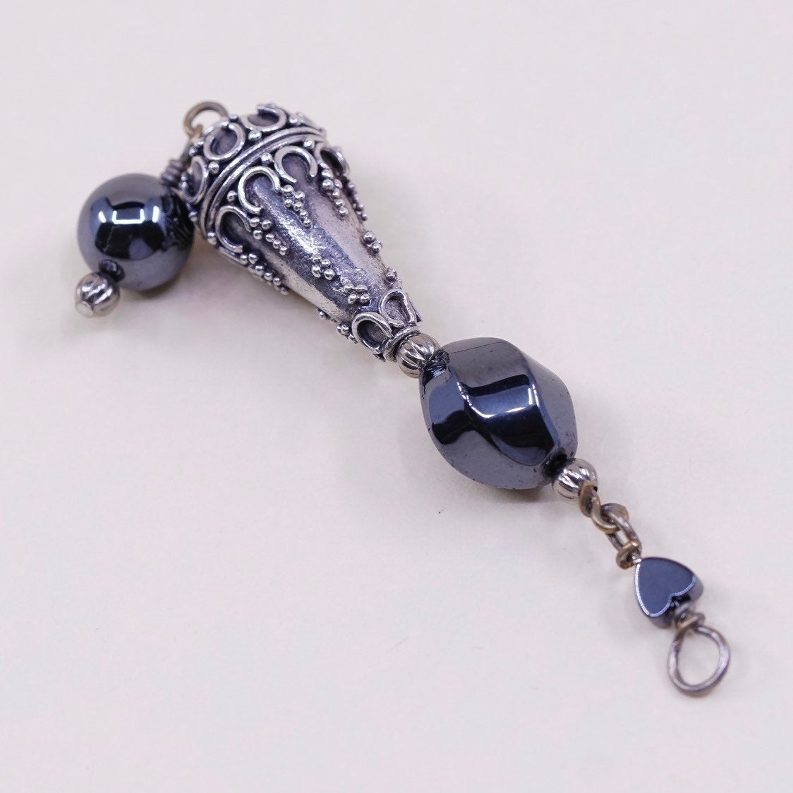 VTG Bali sterling silver handmade pendant, 925 teardrop charm w/ hematite