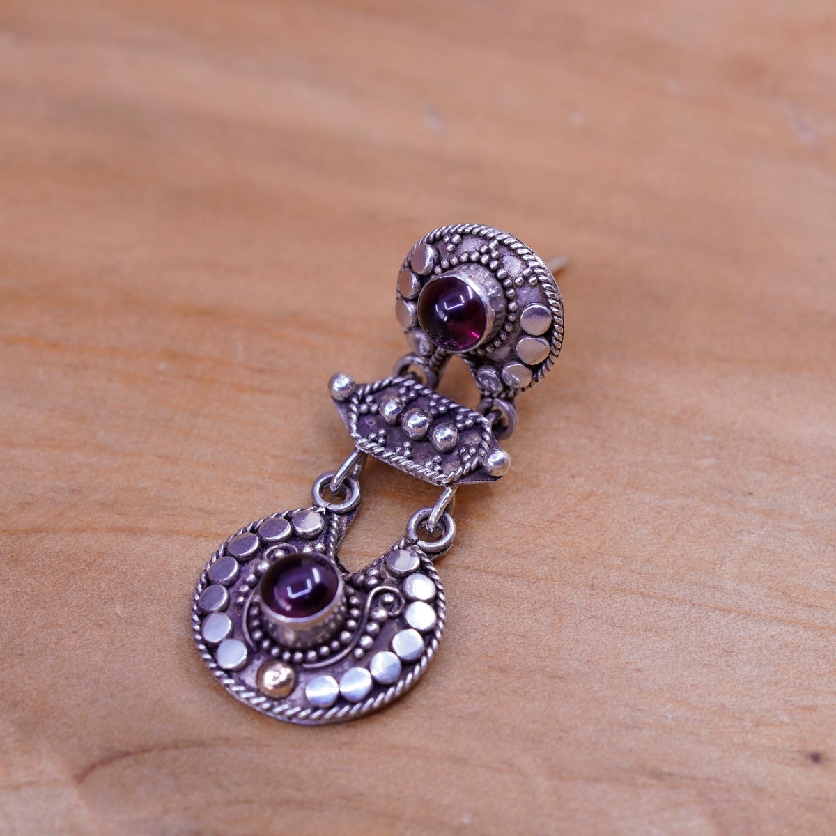 Two tone handmade sterling 925 silver earrings with 14K accent and garnet beads