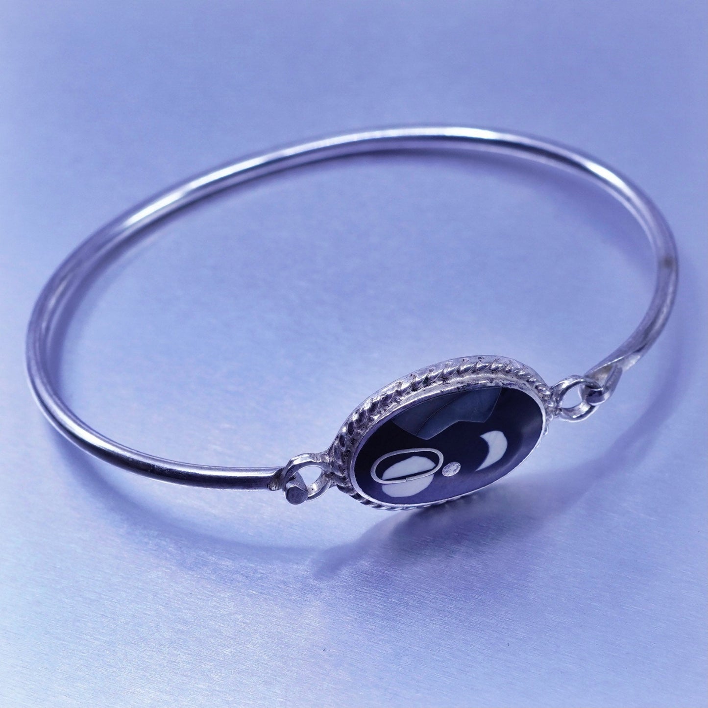 6.5”, Mexico Sterling 925 silver bracelet, hinged bangle enamel moon star