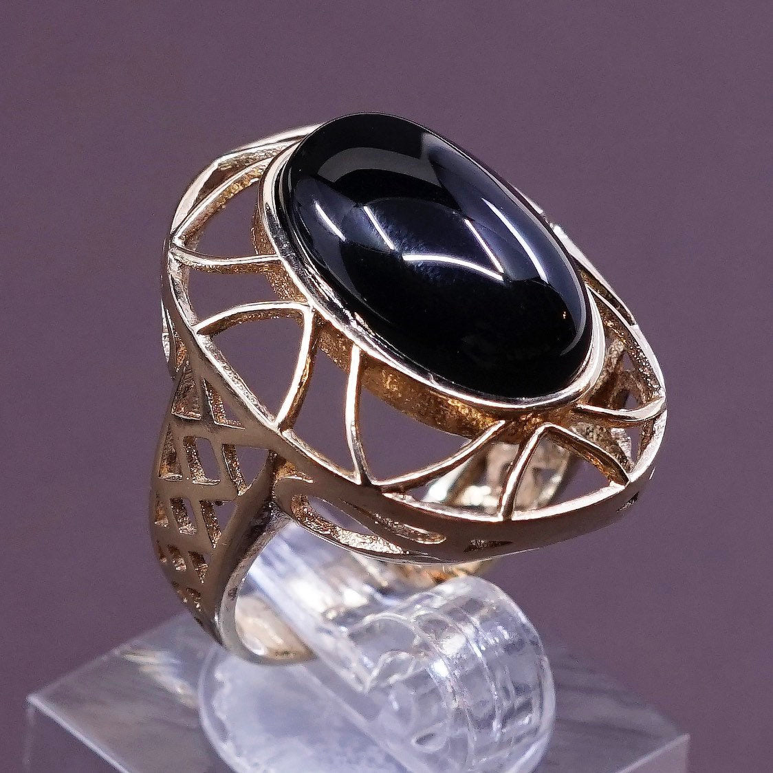 sz 6, vermeil gold over Sterling silver handmade ring, modern 925 w/ obsidian