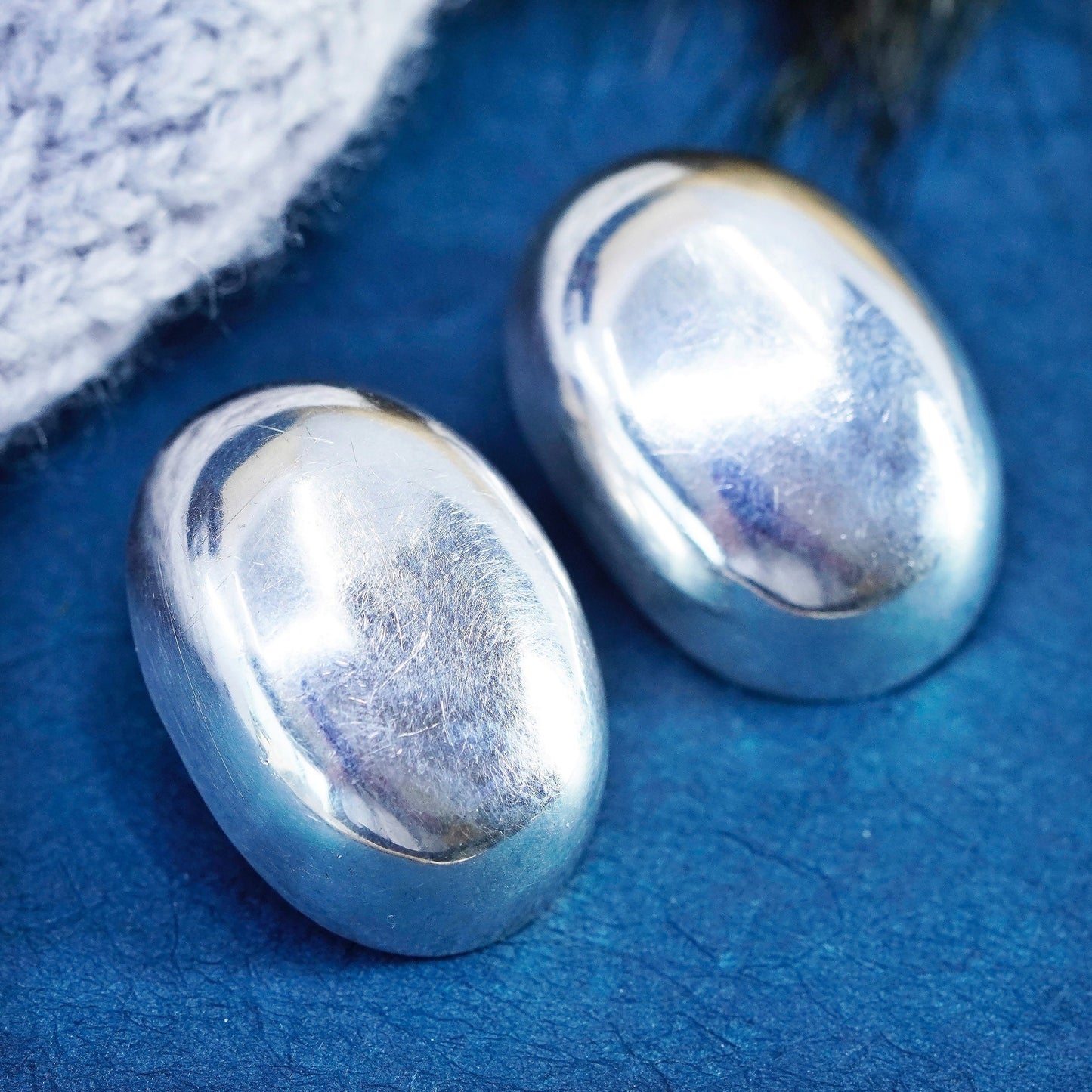 Vintage Sterling silver handmade earrings, 925 oval button clip on earrings