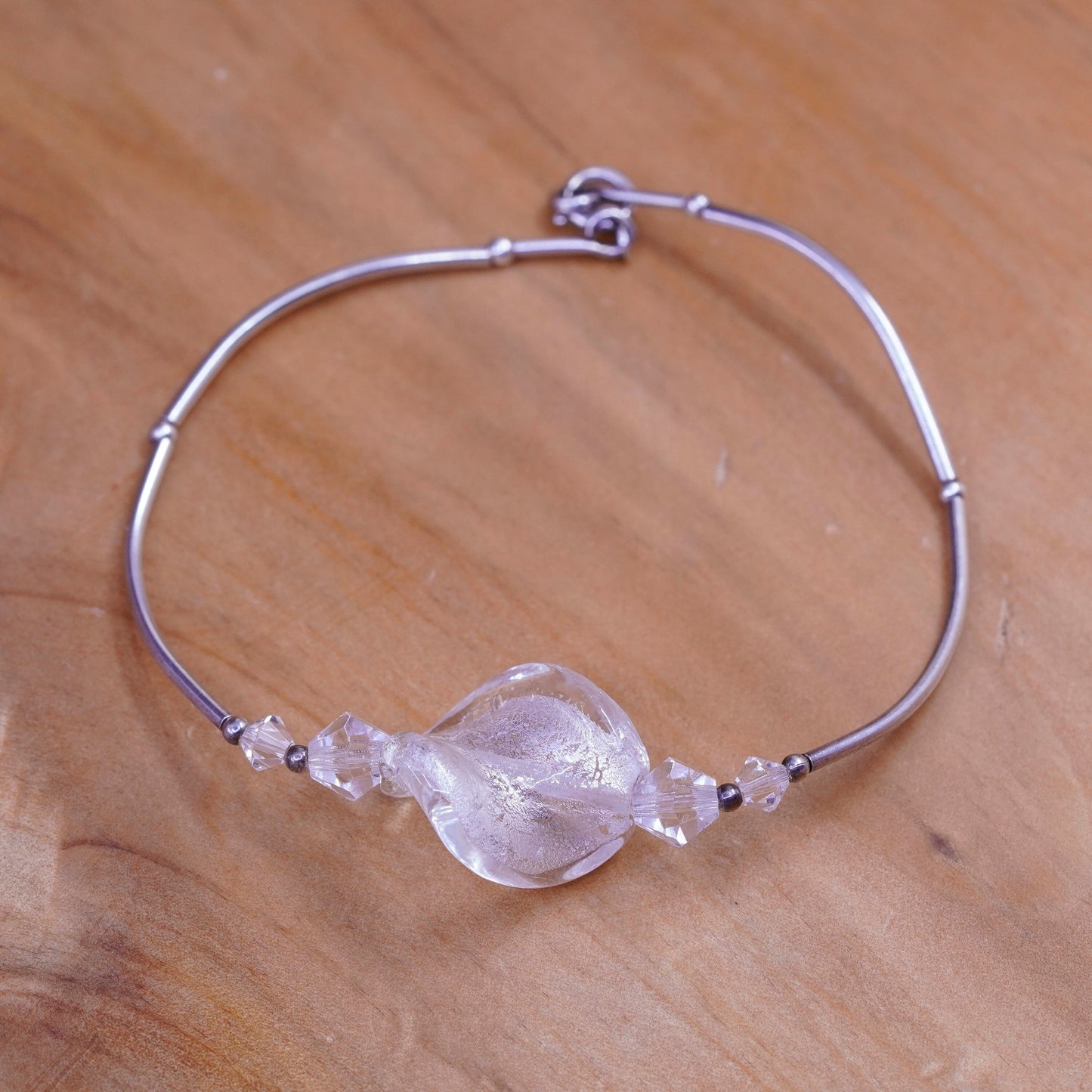 6.5, Vintage Sterling silver handmade bracelet, 925 bar chain with crystal