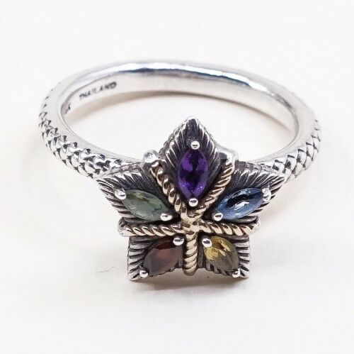 Sz 7.25, Sterling Silver handmade Ring, 925 Star W/ Crystal n 14K Gold Accent