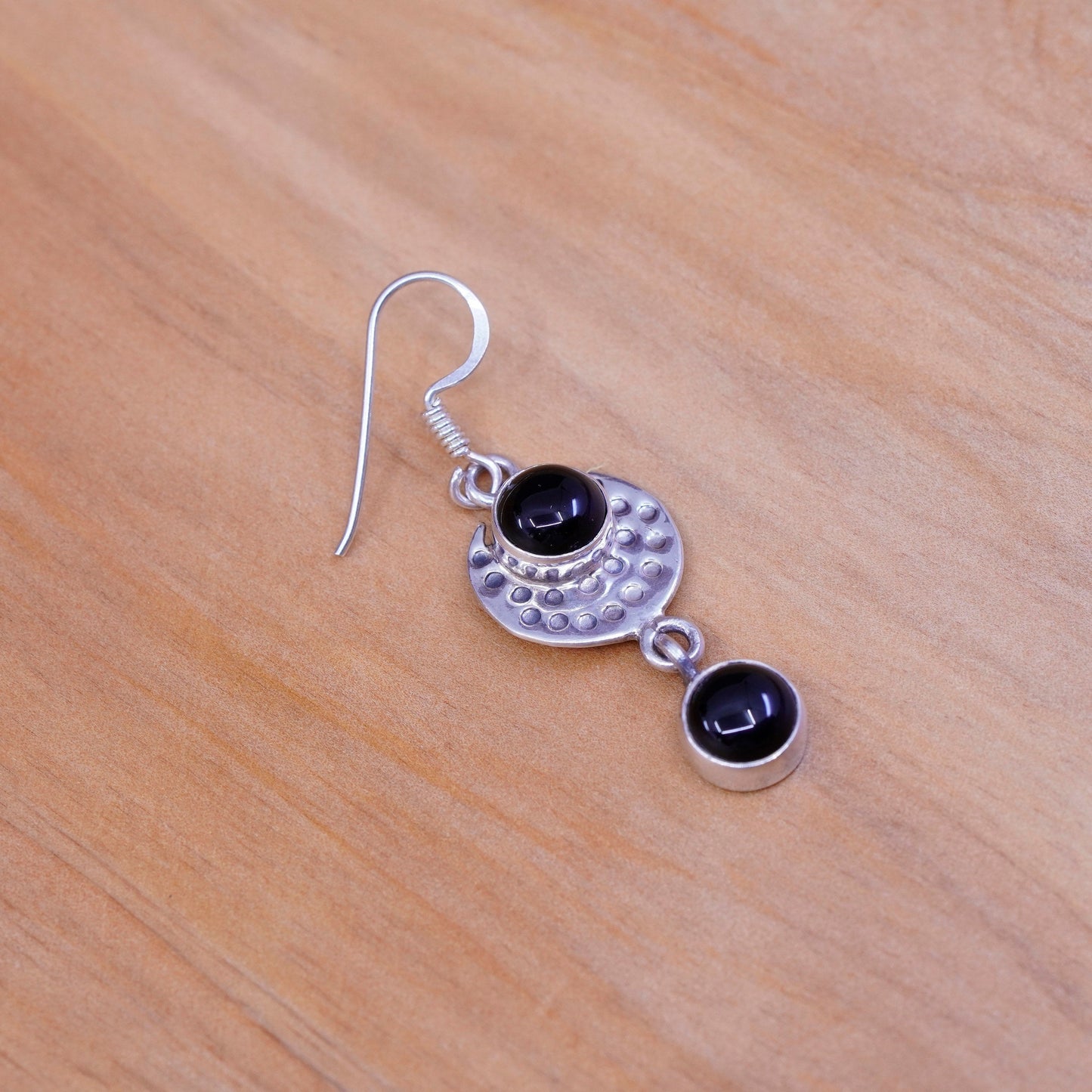 vtg handmade sterling silver earrings, 925 hammered disc with obsidian dangles