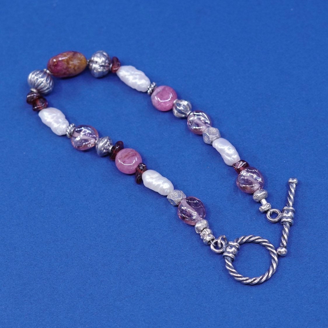 7", sterling 925 silver handmade bracelet, pearl w/ pink quartz beads