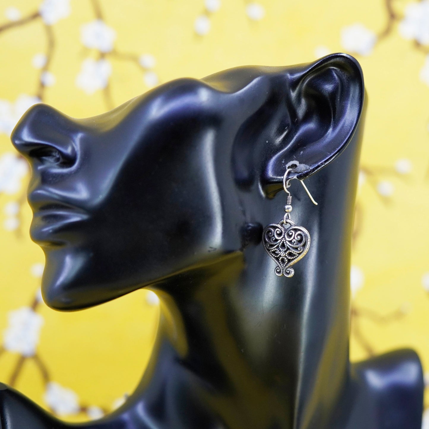 Vintage Sterling silver handmade earrings, 925 filigree heart dangles