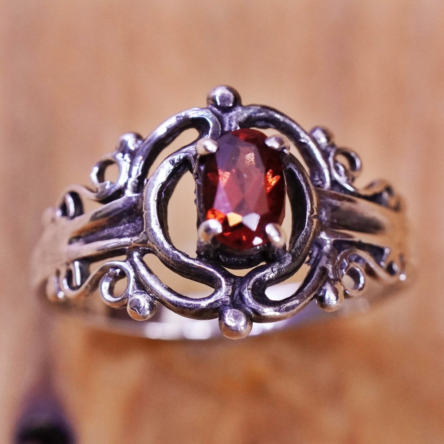 Size 6.25, vintage Sterling 925 silver filigree ring with oval ruby