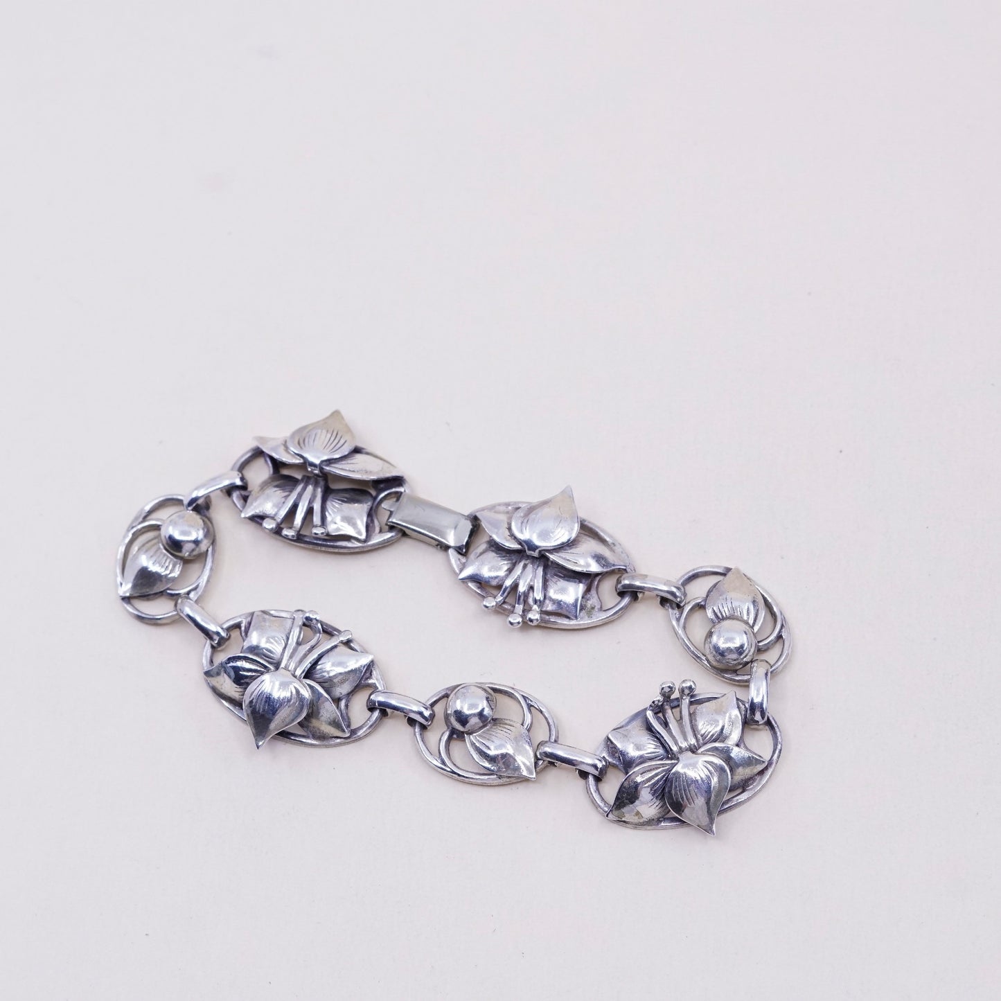 7”, Vintage Lang sterling silver bracelet, fine 925 flowers bracelet, jewelry