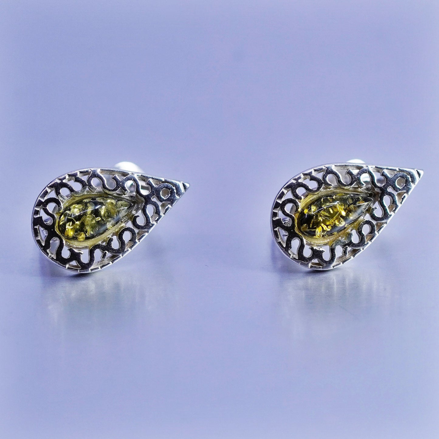 Vintage Sterling 925 silver handmade earrings, filigree studs w/ teardrop Amber