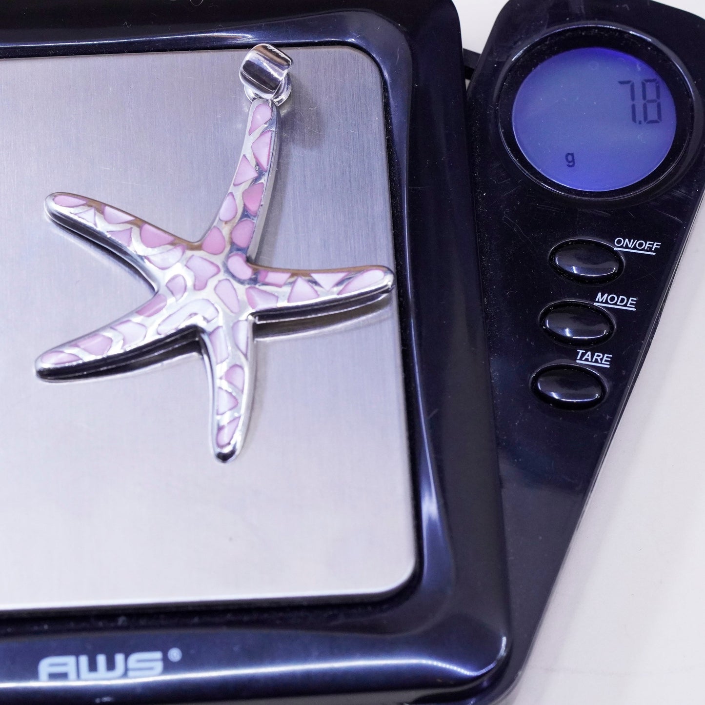 Vintage Sterling 925 silver handmade star starfish pendant pink mother of pearl