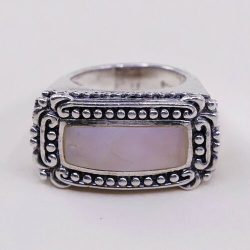 Sz 7, Vtg Statement Cocktail Sterling Silver Handmade Ring, 925 Bali W/ Pink MOP