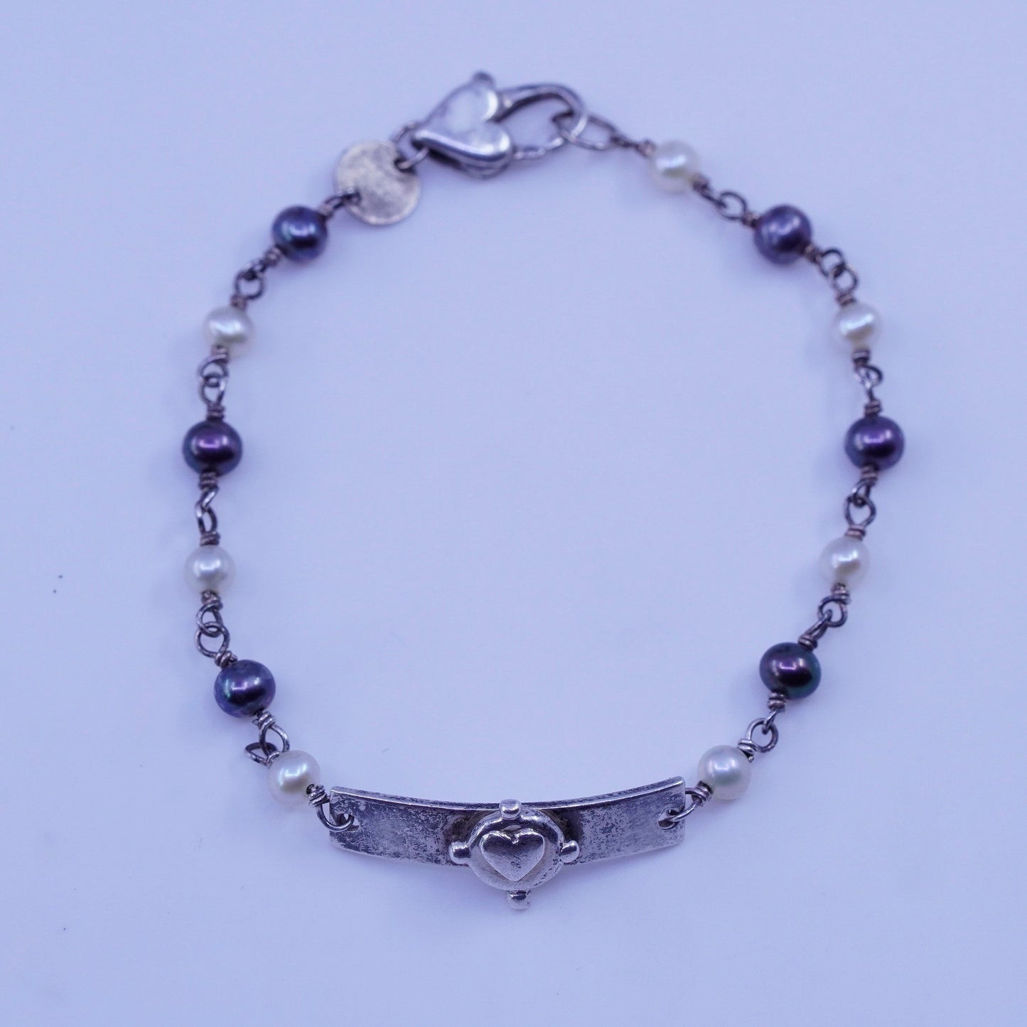 6.75”, vintage Sterling 925 silver handmade bracelet with pearl heart bar charm