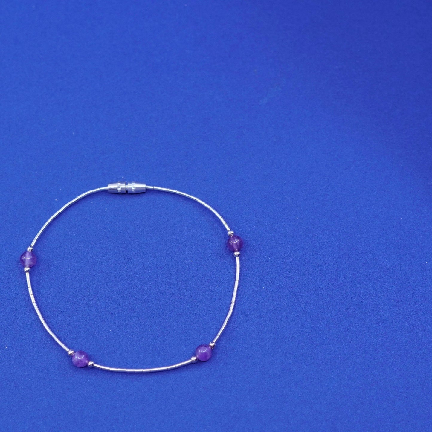 7”, vtg sterling handmade bracelet, 925 liquid silver chain w/ amethyst beads