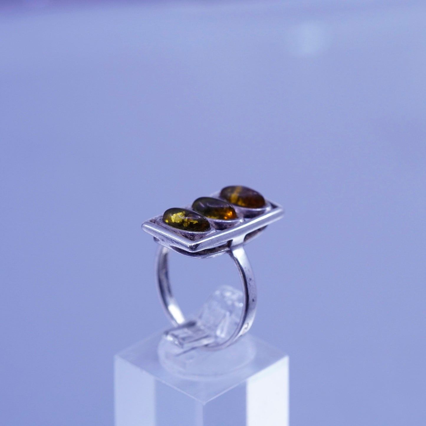 Size 8.5, vintage Sterling 925 silver handmade ring with Amber
