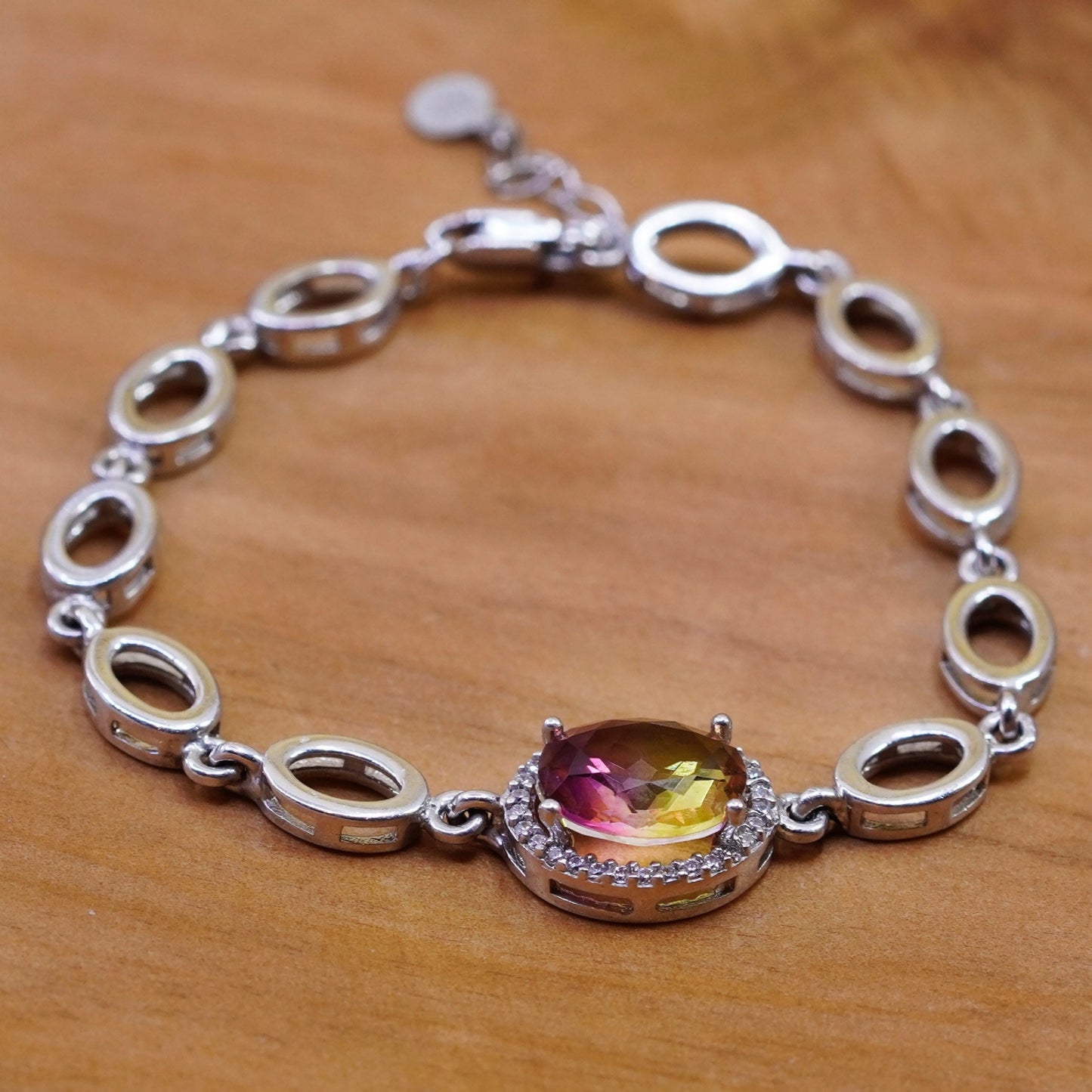 5.75+1”, vintage Sterling silver handmade bracelet, 925 oval chain fluorite cz