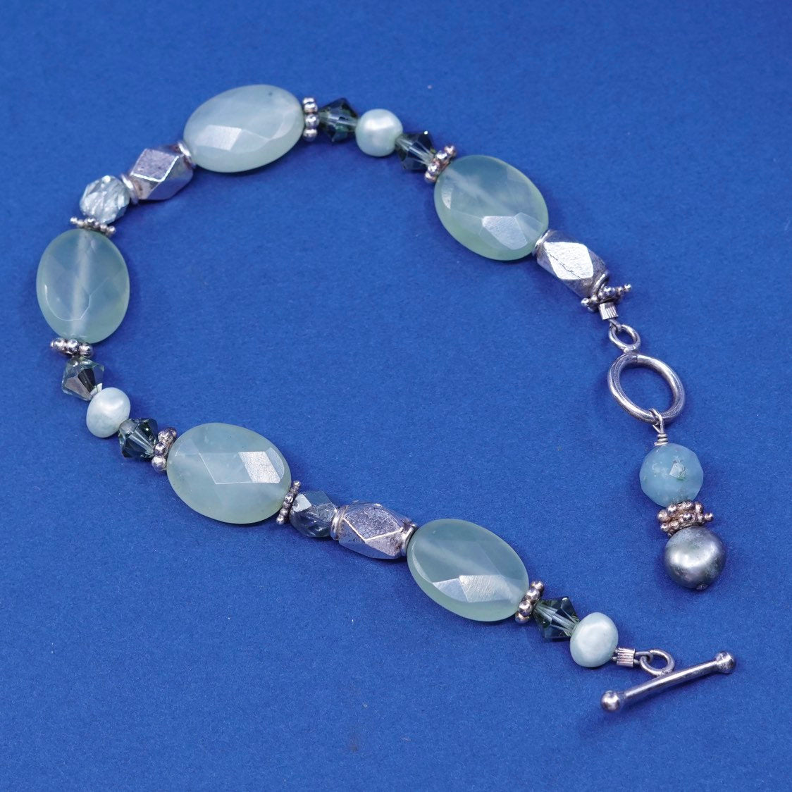 7.25", vtg Sterling silver handmade bracelet, 925 nugget w/ checker cut jade