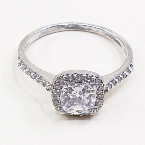 Sz 8.25, Vtg Sterling silver Engagement ring, 925 silver band W/ CZ