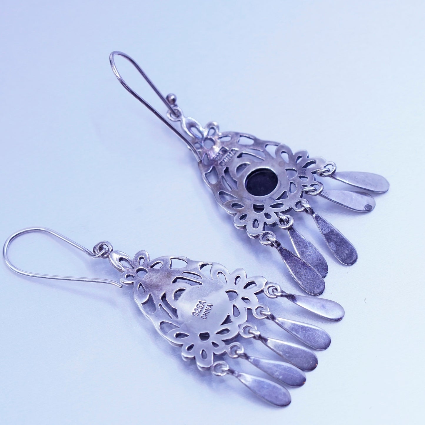 Vintage Sterling 925 silver filigree earrings with obsidian and teardrop fringe