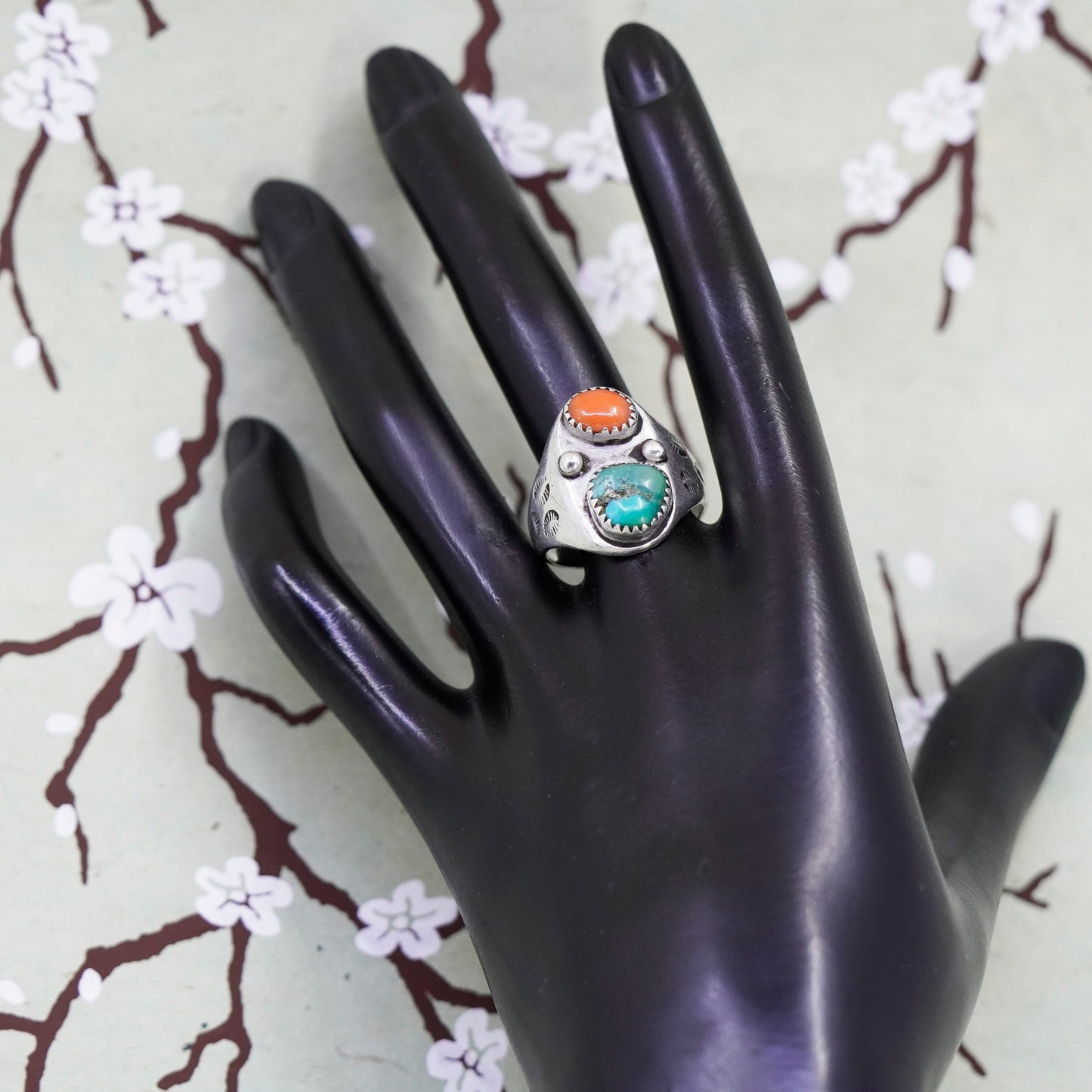 Size 9.75, sterling silver ring, Native American 925 band ring turquoise, coral