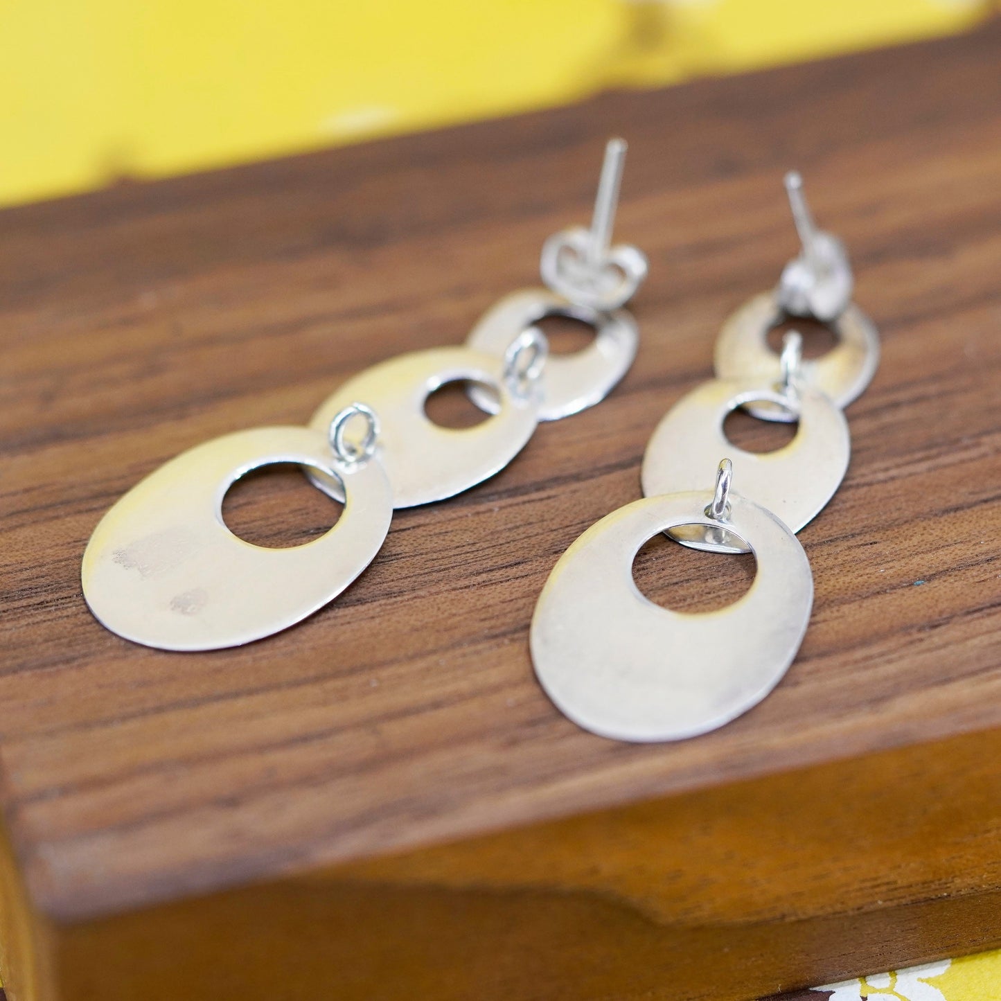 Vintage Sterling silver handmade earrings, 925 oval disc dangle