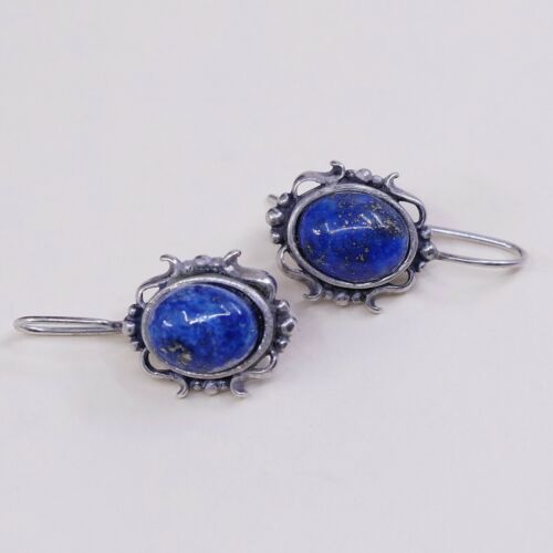 Vtg M 925 Sterling Silver Handmade Earrings W/ Lapis Lazuli N Bead Bali Detail