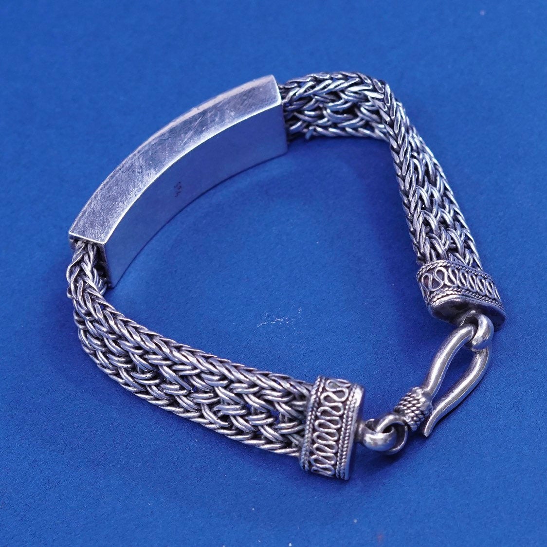 6.5”, vtg Sterling silver handmade bracelet, 925 wheat chain w/ swirl bar