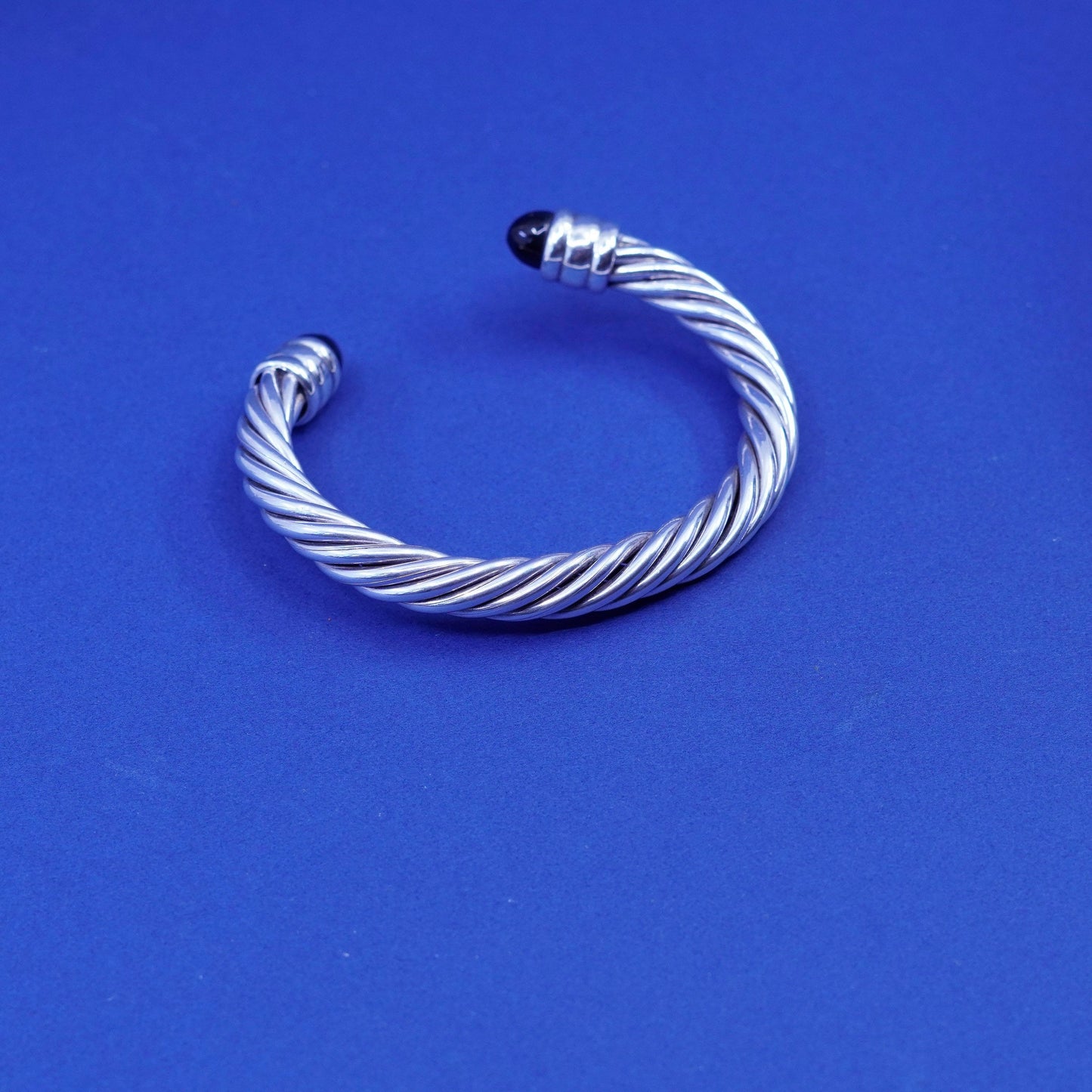 6.5”, sterling silver bracelet, 925 twisted cable cuff with obsidian beads end