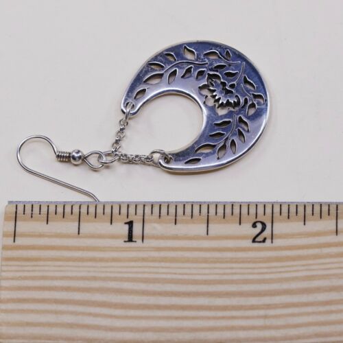 Vintage Sterling Silver Handmade Earrings, 925 Flower Leaves Cut Out Dangles