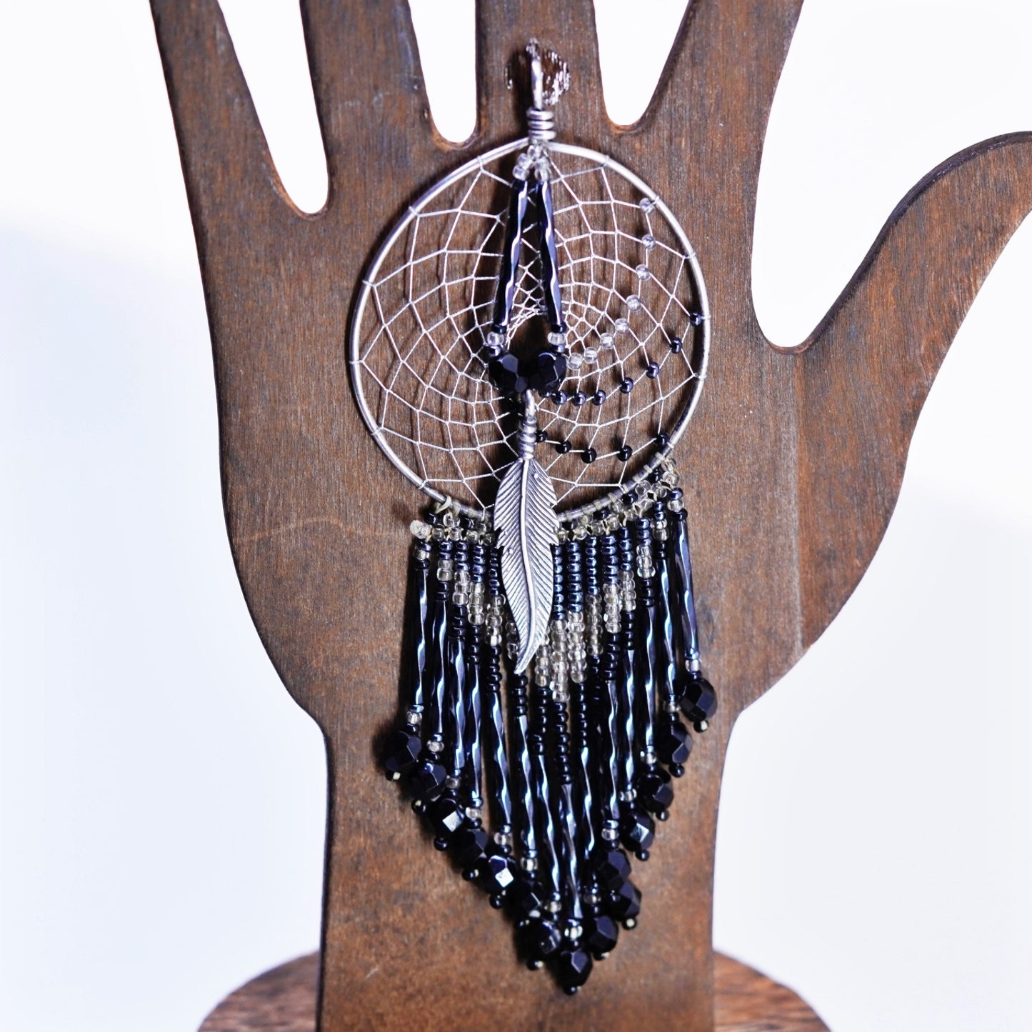 Native American sterling 925 silver net feather pendant w/ onyx crystal fringe