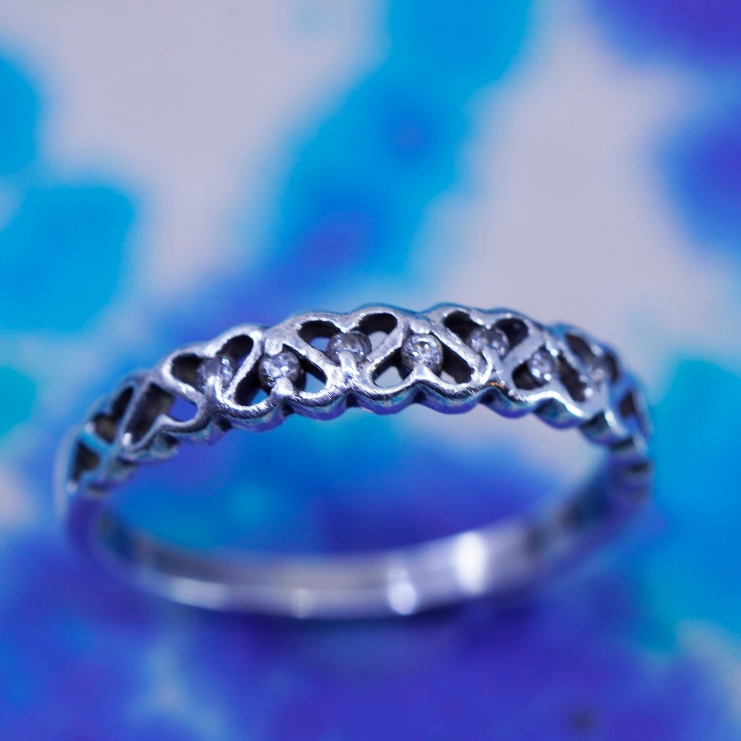 Size 9, vintage sterling silver handmade ring, 925 stackable heart band with cz