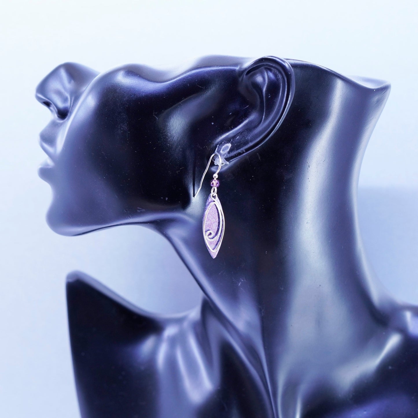 Vintage Sterling 925 silver handmade swirly earrings with purple stone