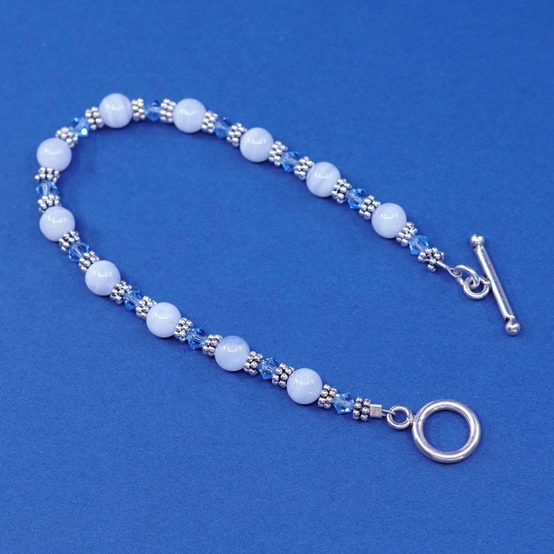 7", vtg sterling silver bracelet, 925 toggle closure w/ lace agate glass beads