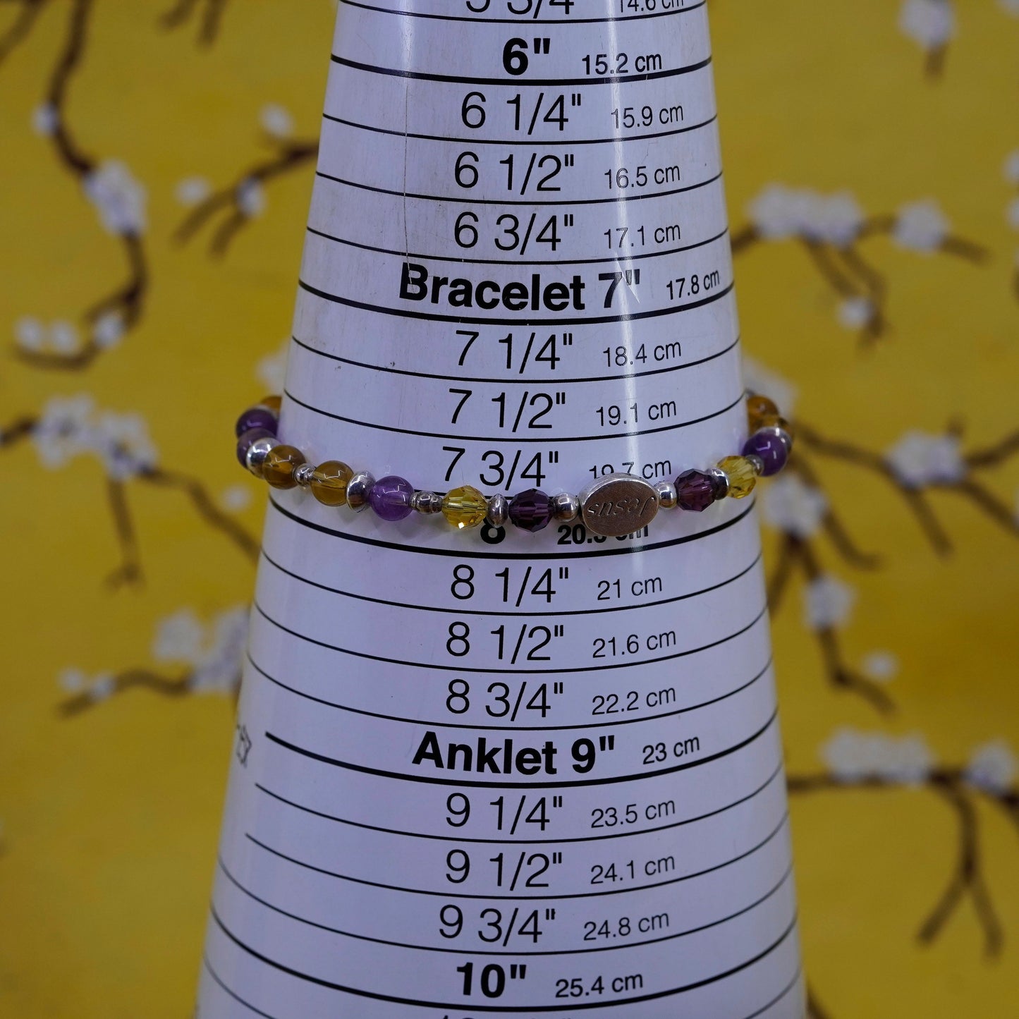 8”, Sterling silver handmade amethyst citrine beads bracelet with “Jesus” charm
